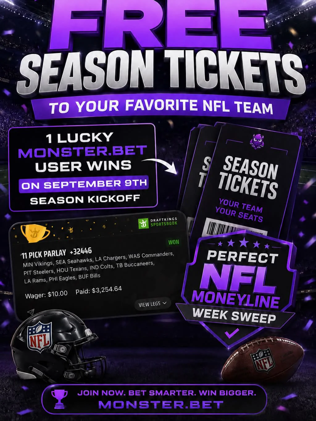 Monster free NFL season tickets campaign featuring the perfect moneyline week sweep